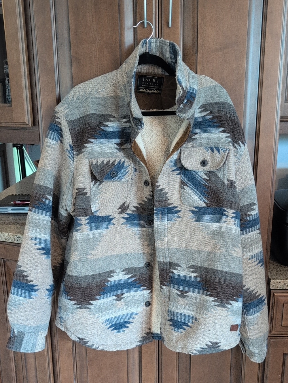 Jachs Men’s Blue, Gray & Brown Patterned Sherpa-Lined Shirt Jacket